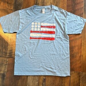Jerzees Light Blue T-Shirt Baseball with Red and White Flag Graphic